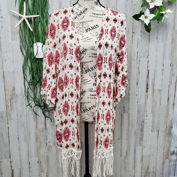 Lovesick Boho Fringe Cardigan Kimono Ivory Red Size OS - Picture 1 of 8